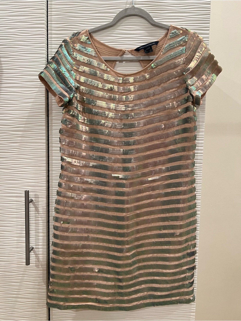 French Connection Blush Pink Dress with Iridescent Green Sequins